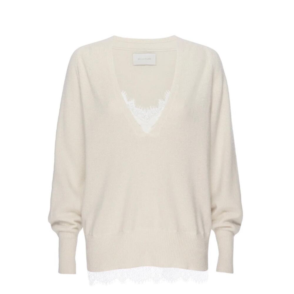 Brochu Walker Wool Cashmere Lace Inset V-Neck Sweater Size L Cream